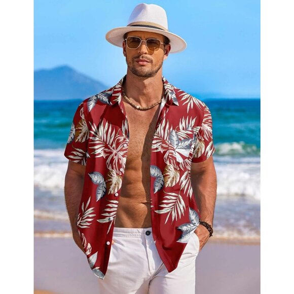 Men Red Hawaiian Shirt Short Sleeve Floral Button Down Tropical Beachwear - Picture 3 of 6